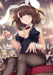  4girls black_leotard blonde_hair blurry blurry_background bow bowtie breasts brown_hair brown_pantyhose cleavage closed_mouth detached_collar haoni highres holding large_breasts leotard looking_at_viewer mimikaki multiple_girls pantyhose playboy_bunny red_bow red_bowtie short_hair sitting smile xiaohong_(you_can_eat_the_girl) xiaoqing_(you_can_eat_the_girl) xiaoyuan_(you_can_eat_the_girl) yellow_eyes you_can_eat_the_girl 