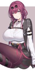  absurdres black_shorts breasts collared_shirt commentary eyewear_on_head female high-waist_shorts highres honkai:_star_rail honkai_(series) huge_breasts kafka_(honkai:_star_rail) long_hair long_sleeves looking_at_viewer pantyhose pantyhose_under_shorts parted_lips pince-nez purple_eyes purple_thighhighs red_hair round_eyewear sateridas shirt shirt_tucked_in shorts sidelocks simple_background sitting smile solid_circle_eyes solo spider_web_print thighhighs white_shirt 