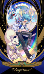  1boy absurdres aqua_eyes aqua_hair black_pants border cropped_jacket crystal_beast_amethyst_cat crystal_beast_ruby_carbuncle dragon duel_academy_uniform_(yu-gi-oh!_gx) duel_monster english_text full_body highres jacket johan_andersen male_focus open_clothes open_jacket pants rainbow_dragon revision roman_numeral shirt short_hair solo_focus ssbaby tarot tarot_(medium) temperance_(tarot) white_shirt yu-gi-oh! yu-gi-oh!_gx 