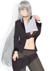  absurdres bitter_(38399521) black_bra black_choker black_jacket black_panties black_pantyhose black_skirt blue_eyes blush bra breasts business_suit choker cleavage clothes_lift clothes_pull commission earrings feet_out_of_frame female formal fx-05_(girls&#039;_frontline) fx-05_(soaring_to_the_clouds)_(girls&#039;_frontline) girls&#039;_frontline glasses grey_hair highres jacket jewelry lifting_own_clothes long_hair long_sleeves looking_at_viewer medium_breasts navel office_lady official_alternate_costume open_clothes open_jacket open_mouth panties pantyhose parted_lips pixiv_commission shadow shirt shirt_lift skirt skirt_pull smile solo standing suit thong underwear white_background white_shirt 