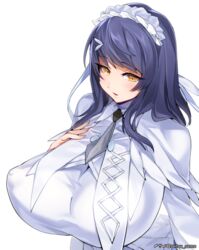  artist_name blue_hair blush breasts female huge_breasts korean_commentary last_origin long_hair looking_at_viewer maid_headdress reitou_same simple_background snow_feather_(last_origin) solo white_background yellow_eyes 