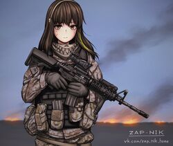  acog ammunition_pouch artist_name assault_rifle blue_sky blurry blurry_background body_armor brown_eyes brown_hair bulletproof_vest camouflage camouflage_jacket camouflage_pants closed_mouth commentary desert_camouflage digital_camouflage dirty dirty_face female fire foregrip girls&#039;_frontline gloves gun hair_between_eyes headpiece highres holding holding_gun holding_weapon jacket laser_sight long_hair long_sleeves looking_at_viewer m4_carbine m4a1_(girls&#039;_frontline) magazine_(weapon) mask military military_jacket military_uniform multicolored_hair optical_sight outdoors pants patch pocket pouch rifle scarf shoulder_patch skull_mask sky soldier solo streaked_hair uniform united_states_marine_corps vertical_foregrip vest vkontakte_username weapon web_address zap-nik 