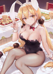  alcohol animal_ears bare_shoulders blonde_hair bow bowtie breasts cleavage collarbone covered_navel detached_collar fake_animal_ears female fishnet_pantyhose fishnets food hair_bobbles hair_ornament haoni highres long_hair looking_at_viewer low_twintails medium_breasts pantyhose playboy_bunny rabbit_ears red_bow red_bowtie sitting solo twintails xiaoyuan_(you_can_eat_the_girl) you_can_eat_the_girl 