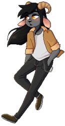  alex(btwalexhere) alpha_channel anthro black_hair bovid caprine casual_clothing chuwychu hair low_res male mammal solo yellow_eyes 