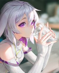  animal_ears bare_shoulders blurry blurry_background breasts cable colored_inner_hair cup detached_sleeves drink drinking_glass ear_down earphones elbow_rest eyelashes female fingernails from_side hair_between_eyes hands_up hansum highres holding holding_cup looking_at_viewer multicolored_hair o-ring original purple_eyes purple_hair rabbit rabbit_ears shade short_hair sideways_glance sleeves_past_wrists small_breasts solo strap_slip turtleneck two-tone_hair upper_body white_hair 