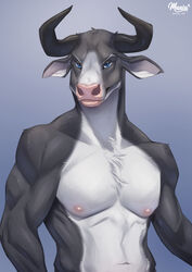  anthro blue_eyes bovid bovine cattle countershading digital_media_(artwork) digital_painting_(artwork) hi_res horn maaia male mammal muscular muscular_anthro muscular_male navel nipples nude pecs solo 