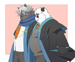  2023 anthro bear belly big_belly black_body black_nose blush bottomwear closed_eyes clothed clothing duo giant_panda hi_res inunoshippo kemono kokuba_hoeguro male mammal overweight overweight_male pants sasayama_akira shirt topwear vtuber white_body 