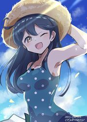  ahoge black_hair blue_sky brown_eyes casual_one-piece_swimsuit cloud commentary_request dated female hat highres johssnny kantai_collection long_hair one-piece_swimsuit one_eye_closed polka_dot polka_dot_swimsuit sky solo straw_hat sun_hat swimsuit twitter_username upper_body ushio_(kancolle) ushio_(swimsuit_mode)_(kancolle) 