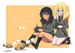  2girls alternate_costume andou_(girls_und_panzer) anzio_military_uniform belt black_belt black_eyes black_footwear black_hair black_shirt blonde_hair blue_eyes boots border carro_veloce_cv-33 clenched_hand clover commentary_request controller dark-skinned_female dark_skin dress_shirt english_text girls_und_panzer grey_jacket grey_skirt holding holding_remote_control jacket kneeling knife long_sleeves medium_hair messy_hair military military_uniform military_vehicle miniskirt model_tank motor_vehicle multiple_girls open_mouth orange_border oshida_(girls_und_panzer) outside_border partial_commentary remote_control remote_control_vehicle salt-apple semovente_75/18 shadow shirt sitting skirt smile spade_(shape) tank uniform white_border wing_collar 