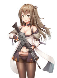  :d assault_rifle bare_shoulders brown_eyes brown_hair daewoo_k2 female girls&#039;_frontline gun hair_between_eyes highres holding holding_gun holding_weapon jacket k2_(girls&#039;_frontline) long_hair long_sleeves looking_at_viewer navel one_side_up open_mouth panties panties_under_pantyhose pantyhose rifle showgirl_skirt simple_background smile solo subob_(subobdesu) teeth trigger_discipline underwear weapon white_background white_jacket 