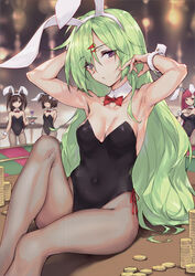  4girls animal_ears arm_behind_head armpits bare_shoulders black_leotard bow bowtie breasts cleavage coin covered_navel detached_collar eyes_visible_through_hair fake_animal_ears fishnet_pantyhose fishnets fuzi_(you_can_eat_the_girl) green_hair hair_between_eyes haoni highres keke_(you_can_eat_the_girl) leotard long_hair looking_at_viewer multiple_girls pantyhose playboy_bunny purple_eyes rabbit_ears red_bow red_bowtie sitting small_breasts xiaohong_(you_can_eat_the_girl) xiaoqing_(you_can_eat_the_girl) you_can_eat_the_girl 