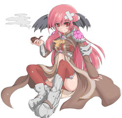  armored_boots black_wings blush boots breasts brown_coat closed_mouth coat commentary_request crossed_bandaids female full_body head_wings holding holding_smoking_pipe long_hair long_sleeves looking_at_viewer medium_breasts official_alternate_costume pink_hair prototype_design ragnarok_online red_eyes red_thighhighs rune_knight_(ragnarok_online) shimotsuki_nozomi simple_background sitting smile smoke smoking_pipe solo split_mouth thighhighs vambraces white_background wings 