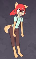  2022 anthro blush bottomwear braces bullyableshiba canid canine canis clothed clothing digital_media_(artwork) domestic_dog dress_shirt ellie_rinette embarrassed eyewear female fur glasses hair mammal nerd nerdification orange_eyes pants ponytail red_hair shiba_inu shirt simple_background solo spitz suspenders topwear 