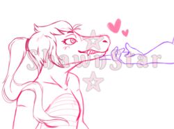  alligator alligatorid ambiguous_gender andromorph_(lore) anthro blush crocodilian digital_media_(artwork) duo fangs finger_under_chin hair heart_eyes heart_symbol hi_res long_hair mistystar open_mouth ponytail reptile scalie simple_background smile solo_focus teeth teeth_showing 