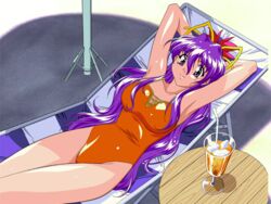  1990s_(style) armpits arms_behind_head arms_up artist_request beach_chair beach_umbrella breasts dancing_blade day drink drinking_straw female glass ice large_breasts long_hair looking_at_viewer lying momohime_(dancing_blade) non-web_source official_art on_back one-piece_swimsuit orange_one-piece_swimsuit outdoors purple_eyes purple_hair retro_artstyle smile solo swimsuit table umbrella very_long_hair 