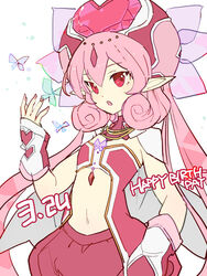  animal arm_guards bug butterfly character_name commentary female hand_up happy_birthday hat heart long_hair nail_polish navel neneka_(princess_connect!) parted_lips photoshop_(medium) pink_hair pink_nails pointy_ears princess_connect! puffy_shorts red_hat red_shorts shadowsinking shorts solo strapless twintails very_long_hair white_background 