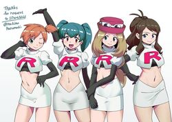  4girls antenna_hair arm_up artist_name black_gloves brown_hair closed_mouth commentary_request commission cosplay crop_top cropped_jacket duplica_(pokemon) elbow_gloves eyewear_on_headwear gloves green_hair hand_on_own_hip hat hilda_(pokemon) jacket jessie_(pokemon) jessie_(pokemon)_(cosplay) kasumi_(pokemon) logo long_hair makino_harumaki midriff multiple_girls navel one_eye_closed orange_hair pokemon pokemon_(anime) pokemon_(classic_anime) pokemon_bw pokemon_xy purple_headwear serena_(pokemon) short_hair side_ponytail sidelocks simple_background skeb_commission skirt smile sunglasses team_rocket team_rocket_uniform twintails white_background white_jacket white_skirt 