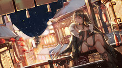  architecture black_choker black_dress black_hair chinese_commentary choker commentary_request crossed_legs dress east_asian_architecture evening fate/grand_order fate_(series) female lantern long_hair looking_to_the_side night night_sky paper_lantern qie railing red_eyes sidelocks sitting sky snowing solo yu_mei-ren_(fate) 