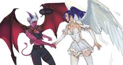  2girls :d alternate_costume angel angel_wings belt black_choker black_pants blue_hair breasts brown_belt caitlyn_(league_of_legends) character_name choker cleavage colored_skin cowboy_shot demon_girl demon_horns demon_tail demon_vi demon_wings dress english_text garter_straps goggles goggles_around_neck grey_hair highres holding_hands horns large_breasts large_wings league_of_legends looking_at_another medium_breasts multiple_girls official_alternate_costume pants pointy_ears ponytail purple_horns red_eyes red_skin red_tail red_wings ribbedtank simple_background smile speech_bubble tail thighhighs vi_(league_of_legends) white_background white_dress white_thighhighs wings 