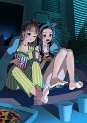  2girls bad_id bad_pixiv_id bare_legs barefoot black_hair blue_nails blue_shorts brown_hair bucket commentary feet food green_nails highres holding holding_food holding_pizza knees_up long_hair medium_hair mirror multiple_girls nail_polish nashigaya_koyomi one_eye_closed open_mouth original pajamas pepperoni pizza popcorn shadow shorts soles striped_clothes striped_pajamas toenail_polish toenails toes topknot window_blinds yellow_pajamas yuri 