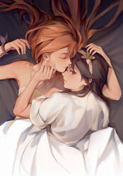  2girls absurdres aficksuna bare_shoulders bed black_eyes black_hair chinese_commentary closed_eyes commentary_request cuddling dress fingernails hairband hand_on_another&#039;s_head highres index_finger_raised long_hair looking_at_viewer looking_back lying lying_on_person menou_(virgin_road) multiple_girls on_back on_bed orange_hair parted_lips profile shokei_shoujo_no_virgin_road short_hair short_sleeves tokitou_akari white_dress yuri 