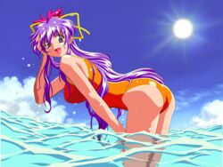  1990s_(style) artist_request ass bent_over dancing_blade day dripping female hand_on_own_thigh hand_to_head long_hair momohime_(dancing_blade) non-web_source official_art one-piece_swimsuit open_mouth orange_one-piece_swimsuit outdoors purple_eyes purple_hair retro_artstyle solo sun swimsuit wading water wet 