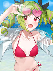  adjusting_eyewear beach bikini blurry blurry_background breasts breasts_apart collarbone commentary_request delutaya diagonal_bangs drill_hair eyewear_on_head female green_hair green_nails hair_ribbon halterneck hatsuno_xxx heart heart-shaped_eyewear highres indie_virtual_youtuber light_blush long_hair looking_at_viewer multicolored_hair navel no_pants ocean oerba_yun_fang open_clothes open_mouth open_shirt outdoors pink_hair red_bikini red_eyes ribbon running see-through see-through_shirt shirt side-tie_bikini_bottom sidelocks small_breasts smile solo streaked_hair string_bikini swimsuit tinted_eyewear triangle_hair_ornament twin_drills upper_body virtual_youtuber 