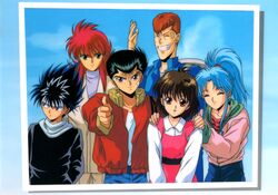  1990s_(style) 2girls 4boys bandaid bandaid_on_face black_hair blue_hair botan_(yu_yu_hakusho) brown_eyes brown_hair casual green_eyes grin hands_on_another&#039;s_shoulders headband hiei_(yu_yu_hakusho) high_ponytail jacket kurama_(yu_yu_hakusho) kuwabara_kazuma light_blue_hair long_hair long_sleeves looking_at_viewer multiple_boys multiple_girls non-web_source official_art open_mouth pompadour red_eyes red_hair red_jacket retro_artstyle sarayashiki_junior_high_school_uniform school_uniform short_hair smile urameshi_yusuke yu_yu_hakusho yukimura_keiko 