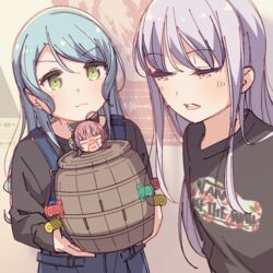  2girls :3 ahoge aiba_aina animal_ear_headphones animal_ears aqua_hair ayasaka bad_id bad_twitter_id bang_dream! barrel black_shirt cat_ear_headphones character_doll clothes_writing commentary fake_animal_ears green_eyes grey_hair half-closed_eyes headphones hikawa_sayo holding kudou_haruka_(voice_actor) long_hair long_sleeves minato_yukina multiple_girls open_mouth overalls photo-referenced pop-up_pirate red_hair shirt symbol-only_commentary upper_body v-shaped_eyebrows vans voice_actor_connection 