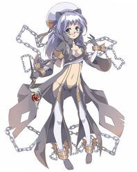  black-framed_eyewear black_gloves black_pants blue_eyes blue_hair breasts chains coat commentary_request female full_body glasses gloves grey_coat halterneck highres holding holding_wand long_hair long_sleeves looking_at_viewer navel no_shoes pants ragnarok_online rectangular_eyewear semi-rimless_eyewear shimotsuki_nozomi side_slit simple_background small_breasts solo suspenders thighhighs under-rim_eyewear wand warlock_(ragnarok_online) white_background white_headwear white_thighhighs 