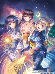  3girls :d black_hair blue_kimono blue_sash commentary_request crescent_moon fireworks floral_print flower flower_request hair_flower hair_ornament highres higuchi_kaede holding holding_fireworks japanese_clothes jk_gumi_(nijisanji) kimono long_hair looking_at_viewer madopen mole mole_under_eye moon morning_glory_print multiple_girls nebula night night_sky nijisanji obi official_art open_mouth pink_kimono purple_eyes purple_hair red_sash sash senkou_hanabi shizuka_rin short_hair sky smile sparkler star_(sky) starry_sky tsukino_mito virtual_youtuber white_hair white_kimono yellow_eyes yellow_sash 