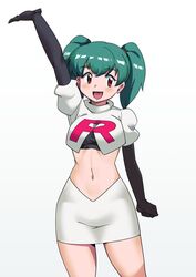  :d arm_up black_gloves blush breasts brown_eyes commentary_request commission cosplay crop_top cropped_jacket duplica_(pokemon) elbow_gloves female gloves green_hair jacket jessie_(pokemon) jessie_(pokemon)_(cosplay) logo makino_harumaki midriff navel open_mouth pokemon pokemon_(anime) pokemon_(classic_anime) simple_background skeb_commission skirt smile solo team_rocket team_rocket_uniform tongue twintails white_background white_jacket white_skirt 