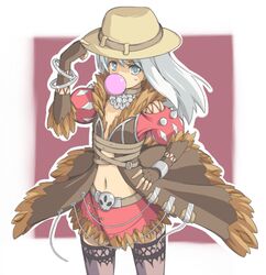  belt black_thighhighs breasts brown_belt brown_coat brown_gloves chewing_gum coat commentary_request cowboy_shot cross-laced_clothes cross-laced_gloves elbow_gloves female fingerless_gloves fur-trimmed_coat fur_trim gloves grey_eyes hand_on_own_hip hat hat_tip looking_at_viewer miniskirt navel ragnarok_online red_background red_skirt shadow_chaser_(ragnarok_online) shimotsuki_nozomi skirt skull small_breasts solo thighhighs two-tone_background white_background white_hair 