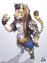  1boy animal_ears animal_print bara brown_hair commentary diamond_(shape) english_commentary fingerless_gloves foreshortening from_above full_body furry furry_male gloves highres hood hoodie leopard_boy leopard_ears leopard_print leopard_tail likulau_(nekojishi) looking_at_viewer male_focus muscular muscular_male nekojishi orange_eyes pectoral_cleavage pectorals ponzu_tas snake_tattoo solo spots tail tattoo 