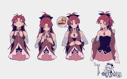  bare_shoulders bow burger detached_sleeves female food french_fries hairbow highres kyuubee long_hair magical_girl mahou_shoujo_madoka_magica mahou_shoujo_madoka_magica_(anime) ponytail red_eyes red_hair sakura_kyoko sakura_kyoko_(magical_girl) soul_gem unbuttoned unbuttoned_shirt undressing yooki_(winter_cakes) 