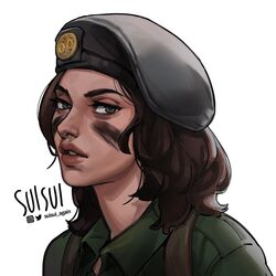  alternate_costume artist_name beret brown_hair facepaint female grey_eyes hat highres lips looking_at_viewer military military_uniform mira_(rainbow_six_siege) nose rainbow_six_siege short_hair solo suisui_again twitter_username uniform white_background 