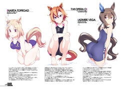  3girls admire_vega_(umamusume) all_fours alternate_costume animal_ears ass bare_arms bare_shoulders barefoot bikini black_one-piece_swimsuit blonde_hair blue_bikini blue_one-piece_swimsuit breasts brown_hair character_name cleavage closed_mouth commentary_request competition_swimsuit cowboy_shot ear_covers ear_ornament feet hair_between_eyes horse_ears horse_girl horse_tail long_hair looking_back median_furrow medium_breasts multiple_girls narita_top_road_(umamusume) one-piece_swimsuit open_mouth orange_hair orange_tail purple_eyes red_eyes school_swimsuit shigino_sohuzi short_hair simple_background single_ear_cover smile sports_bikini squatting swimsuit t.m._opera_o_(umamusume) tail tail_through_clothes toes tracen_swimsuit translation_request umamusume umamusume:_road_to_the_top v_arms wet white_background 