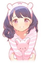  absurdres black_hair collarbone commentary_request female fukumaru_koito hair_down hairband highres hood hoodie idolmaster idolmaster_shiny_colors long_hair long_sleeves looking_at_viewer pink_eyes pink_hoodie smile solo striped_clothes striped_hoodie stuffed_animal stuffed_rabbit stuffed_toy usanta 