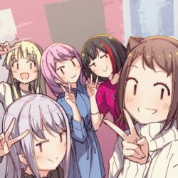  &gt;:) 5girls :3 aiba_aina ayasaka bad_id bad_twitter_id bang_dream! black_hair blonde_hair blue_dress brown_hair commentary cone_hair_bun dress grey_hair grin group_picture hair_bun hair_ornament itou_miku long_hair long_sleeves looking_at_viewer maeshima_ami maruyama_aya medium_hair minato_yukina mitake_ran multicolored_hair multiple_girls photo-referenced pink_hair red_hair sakura_ayane short_hair short_sleeves smile star_(symbol) star_hair_ornament streaked_hair sweater symbol-only_commentary terakawa_aimi toyama_kasumi tsurumaki_kokoro v v-shaped_eyebrows voice_actor_connection |_| 