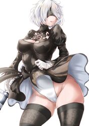  2b_(nier:automata) black_blindfold black_dress black_thighhighs blindfold boots breasts cleavage cleavage_cutout clothes_lift clothing_cutout commentary covered_eyes covered_nipples dress feather-trimmed_sleeves feather_trim female gloves highleg highleg_leotard highres holding holding_sword holding_weapon juliet_sleeves leotard long_sleeves medium_breasts mole mole_under_mouth nier:automata nier_(series) puffy_sleeves short_hair skirt skirt_lift solo sword thighhighs thighhighs_under_boots thighs tomako_(tatihitoe) two-sided_fabric two-sided_skirt weapon white_gloves white_hair white_leotard 