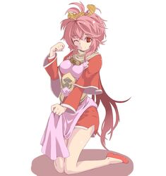  breasts brown_eyes character_request closed_mouth commentary_request dress female full_body hair_ornament kneeling long_sleeves looking_at_viewer medium_breasts medium_hair one_eye_closed pink_hair pink_tabard red_dress red_footwear sangokushi_taisen shimotsuki_nozomi shoes sidelocks simple_background smile solo tabard white_background 