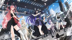  6+girls alternate_costume amplifier animal_ear_fluff animal_ears antenna_hair armpit_cutout armpits asymmetrical_legwear azur_lane backless_dress backless_outfit band bass_guitar battleship black_choker black_dress black_footwear black_hair black_horns black_shirt black_shorts blonde_hair blue_eyes blue_hair blue_shorts boots breasts brest_(azur_lane) cable cannon cat_ears chkalov_(azur_lane) choker clothing_cutout coat commentary_request concert copyright_name crop_top cross-laced_footwear cymbals day detached_sleeves dress drum drum_set electric_guitar fender_precision_bass from_below gibson_flying_v gibson_les_paul guitar hair_on_horn hair_over_one_eye harbin_(azur_lane) highres holding holding_instrument horns idol instrument keyboard_(instrument) lab_coat large_breasts long_hair long_sleeves mechanical_horns medium_breasts microphone microphone_stand midriff military military_vehicle multicolored_hair multicolored_horns multiple_girls musashi_(azur_lane) music navel off-shoulder_shirt off_shoulder official_art open_clothes open_coat open_mouth outdoors pink_eyes pink_hair pink_skirt playing_instrument plymouth_(azur_lane) prinz_rupprecht_(azur_lane) purple_hair purple_skirt red_horns ship shirt shorts singing single_thighhigh skirt sleeveless somehira_katsu stage standing streaked_hair synthesizer thigh_boots thighhighs turret two-tone_horns very_long_hair wakatsuki_(azur_lane) warship watercraft white_dress white_thighhighs 