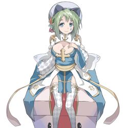  absurdres animal_ears arch_bishop_(ragnarok_online) argyle_clothes argyle_legwear argyle_sleeves blue_dress blue_eyes breasts cleavage cleavage_cutout closed_mouth clothing_cutout commentary_request cross dress feet_out_of_frame female gift green_hair hand_on_own_chest hat highres large_breasts looking_at_viewer myst_case ragnarok_online ribbon ribbon-trimmed_legwear ribbon_trim sash shimotsuki_nozomi short_hair simple_background sitting smile solo teardrop_facial_mark thighhighs two-tone_dress white_background white_hat white_thighhighs wide_sleeves yellow_ribbon yellow_sash 