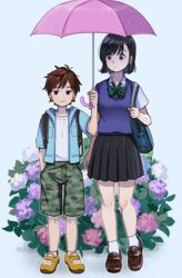  1boy age_difference backpack bad_id bad_pixiv_id bag black_eyes black_hair black_skirt blue_vest bow bowtie brown_footwear brown_hair camouflage camouflage_shorts clip_studio_paint_(medium) collared_shirt commentary_request female flower full_body green_bow green_neckwear hand_in_pocket height_difference highres holding holding_umbrella hood hood_down hydrangea jacket nashigaya_koyomi open_clothes open_jacket original pink_flower pink_umbrella pleated_skirt purple_flower red_flower school_uniform shared_umbrella shirt shoes short_hair short_sleeves shorts shoulder_bag skirt socks standing striped_bow striped_bowtie striped_clothes umbrella uniform vest water_drop white_legwear white_shirt yellow_footwear 