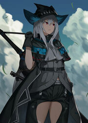  arknights bad_id bad_pixiv_id belt black_gloves black_headwear black_pants cero_(last2stage) cloak clothing_cutout cloud commentary_request cowboy_shot falling_leaves female gloves grey_hair grey_shirt highres holding korean_commentary leaf long_hair looking_away outdoors pants parted_lips red_eyes shirt skadi_(arknights) solo sword thigh_cutout very_long_hair weapon 