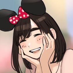  :d ^_^ animal_ears bad_id bad_twitter_id blush bow brown_hair closed_eyes female ganbare_douki-chan hairbow hands_on_own_cheeks hands_on_own_face highres kouhai-chan_(douki-chan) medium_hair minnie_mouse_ears mole mole_on_cheek mouse_ears open_mouth smile solo teeth yomu_(sgt_epper) 