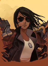  alternate_costume aviator_pharah aviator_sunglasses black_hair commentary dog_tags english_commentary eye_of_horus facial_tattoo female hair_tubes jacket leather leather_jacket lips mike_nesbitt overwatch pauldrons pharah_(overwatch) popped_collar solo sunglasses tank_top tattoo thick_eyebrows top_gun upper_body wind 