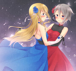  2girls alternate_costume ange_(princess_principal) blonde_hair blue_dress blue_eyes blush commentary_request couple dancing dress grey_hair happy happy_tears holding_hands interlocked_fingers long_hair multiple_girls princess_(princess_principal) princess_principal red_dress short_hair simple_background sk02 smile tears yuri 