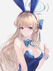  absurdres animal_ears aqua_bow aqua_bowtie bare_shoulders bbul_horn blonde_hair blue_archive blue_bow blue_eyes blue_hairband blue_halo blue_leotard blue_nails bow bowtie breasts commentary detached_collar fake_animal_ears female hairband halo highres leotard long_hair medium_breasts nail_polish official_alternate_costume playboy_bunny rabbit_ears solo strapless strapless_leotard toki_(blue_archive) toki_(bunny)_(blue_archive) 