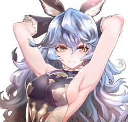  animal_ears armpits arms_behind_head blue_hair breasts commentary_request erune female ferry_(granblue_fantasy) granblue_fantasy hair_between_eyes hayadai long_hair medium_breasts sideboob simple_background smile solo upper_body white_background yellow_eyes 